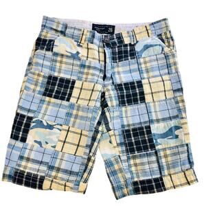 Banana Split Blue Yellow Cream Madras Patchwork Bermuda Shorts Pockets with Logo